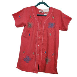 Vintage NWT Yoke Women's Button-Up Top Floral Embroidered Short Sleeves Boho